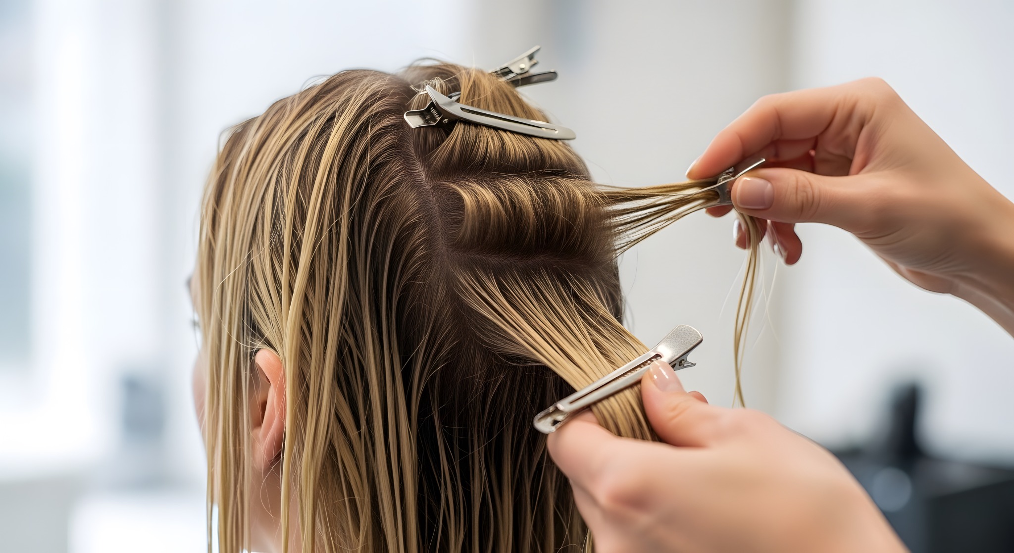 Professional dimensional hair color service in progress